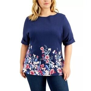 Karen Scott Plus Size Printed Elbow-Sleeve Intrepid Blue 3X